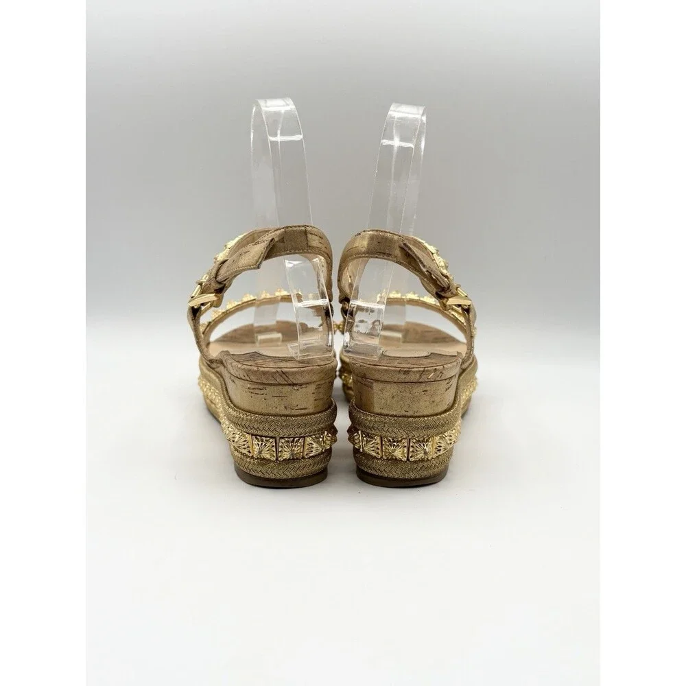 Christian Louboutin Gold Pyraclou 60 Spike Cork Wedge Espadrilles Size EU 38